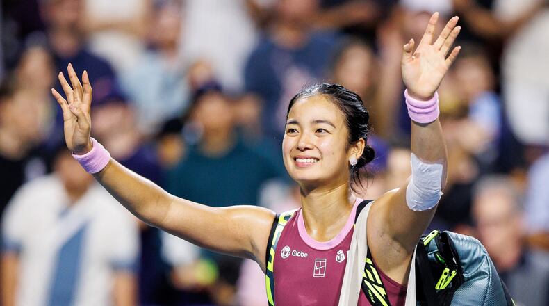 Alexandra Eala, of the Philippines, waves to the crowd after losing to Belinda Bencic, of Switzerland, in a round of 16 match at the National Bank Open tennis tournament in Toronto, on Sunday, Aug. 9, 2026. (Keito Newman/The Canadian Press via AP)