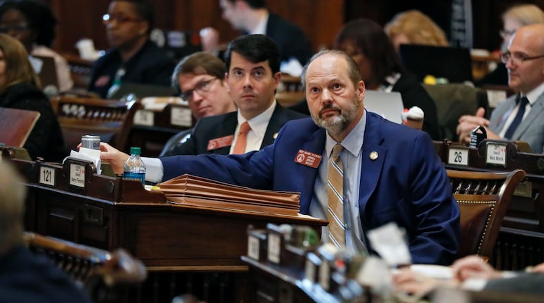 March 14, 2019 - Atlanta - Rep. Barry Fleming, R - Harlem, sponsor of the bill, watches the votes come in on the house display. The Georgia House gave final legislative approval Thursday to buying a new $150 million touchscreen-and-paper ballot statewide voting system, sending the bill to Gov. Brian Kemp for his signature. When signed into law, Georgia would become the first state in the nation with this kind of touchscreen-and-paper voting system statewide. Bob Andres / bandres@ajc.com