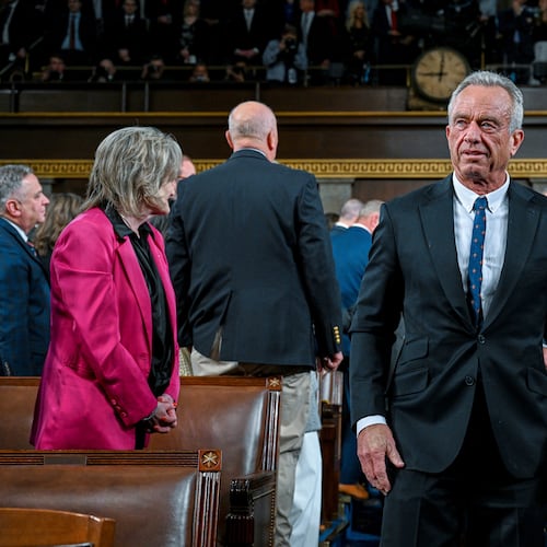 Secretary of Health and Human Services Robert F. Kennedy Jr. enters the House Chamber before President Donald Trump delivers the State of the Union address to a joint session of Congress in the House chamber at the U.S. Capitol in Washington, Tuesday, Feb. 24, 2026. (Kenny Holston/The New York Times via AP, Pool)