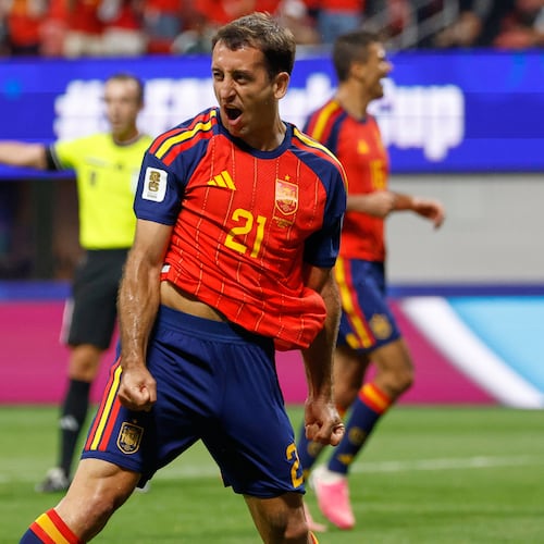 Spain's Mikel Oyarzabal celebrates after scoring during the World Cup Group H soccer match between Spain and Saudi Arabia in Atlanta, Sunday, June 21, 2026. (AP Photo/Erik S.Lesser)