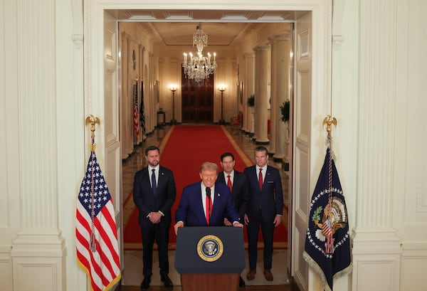 President Donald Trump speaks from the East Room of the White House in Washington, Saturday, June 21, 2025, after the U.S. military struck three Iranian nuclear and military sites, directly joining Israel's effort to decapitate the country's nuclear program, as Vice President JD Vance, Secretary of State Marco Rubio and Defense Secretary Pete Hegseth listen. (Carlos Barria/Pool via AP)