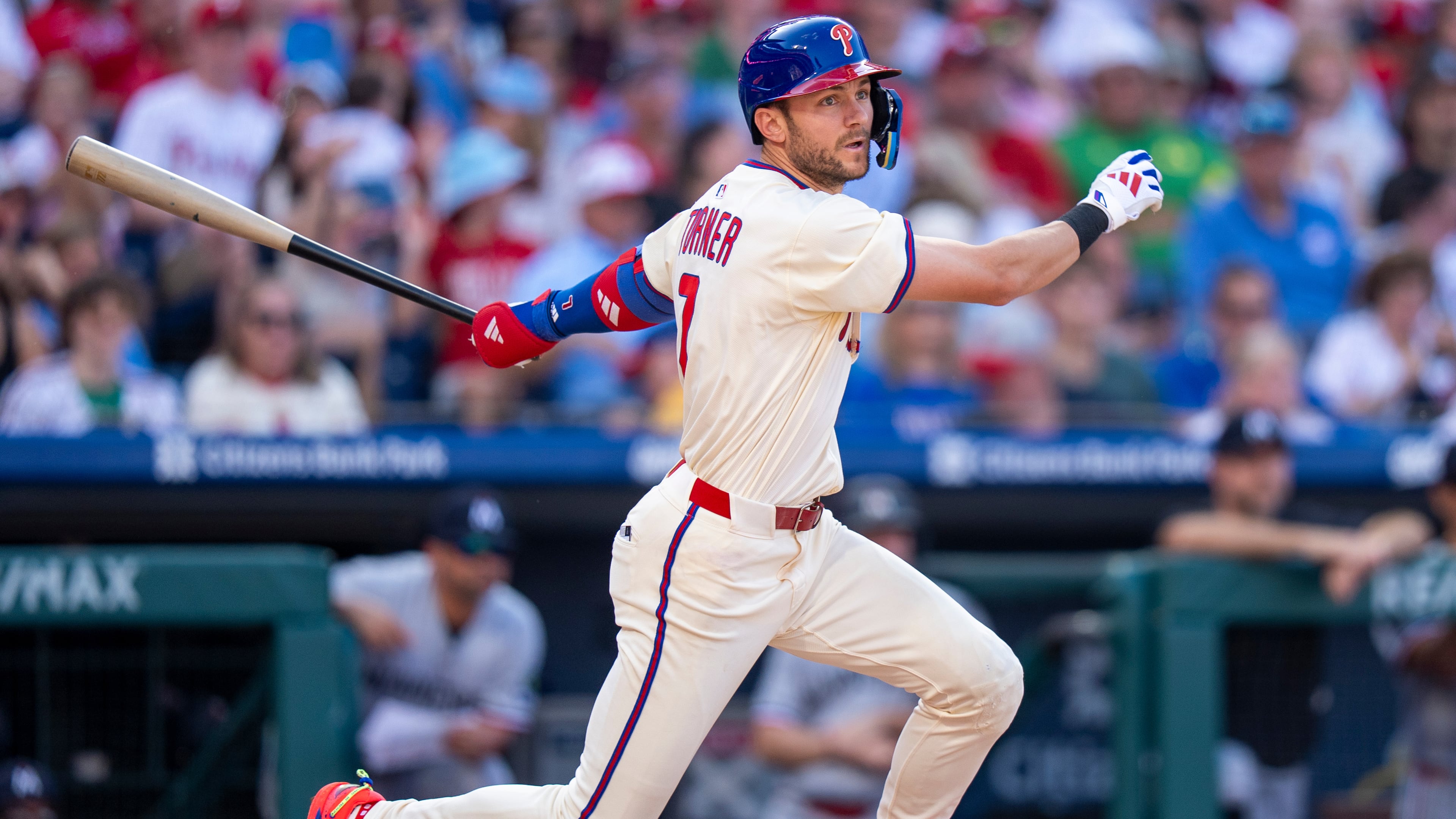 Philadelphia Phillies' Trea Turner fouls the ball off during the third inning of a baseball game against the Minnesota Twins, Sunday, Sept. 28, 2025, in Philadelphia. (AP Photo/Chris Szagola)