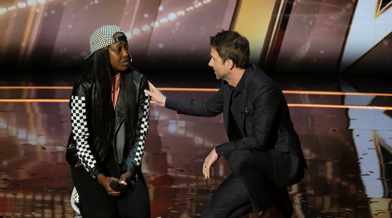 AMERICA'S GOT TALENT -- "Judge's Cuts 4" Episode 1310 -- Pictured: (l-r) Flau'jae, Chris Hardwick -- (Photo by: Justin Lubin/NBC)