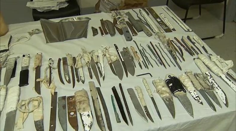 Officers found 68 handmade knives along with other contraband during a shakedown at Telfair State Prison on Tuesday. (Credit: Channel 2 Action News)