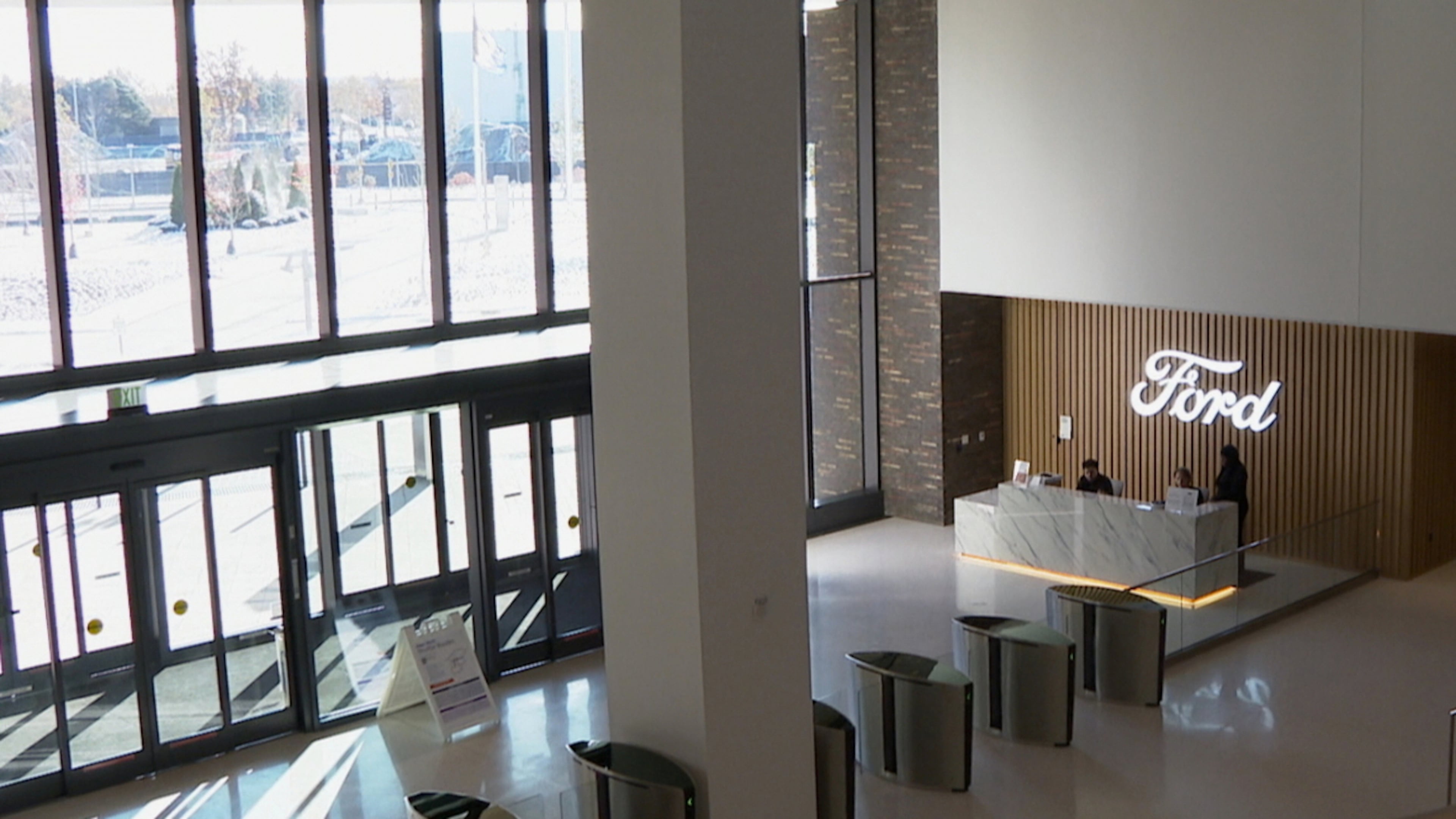 This image taken from video shows a lobby in Ford Motor Co.'s new headquarters building, Monday, Nov. 10, 2025, in Dearborn, Mich. (AP Photo/Mike Householder)