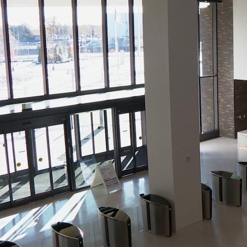 This image taken from video shows a lobby in Ford Motor Co.'s new headquarters building, Monday, Nov. 10, 2025, in Dearborn, Mich. (AP Photo/Mike Householder)