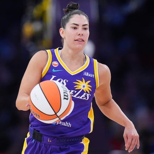 FILE - Los Angeles Sparks guard Kelsey Plum dribbles during the second half of a WNBA basketball game against the Indiana Fever, May 13, 2026, in Los Angeles. (AP Photo/Jae C. Hong, File)