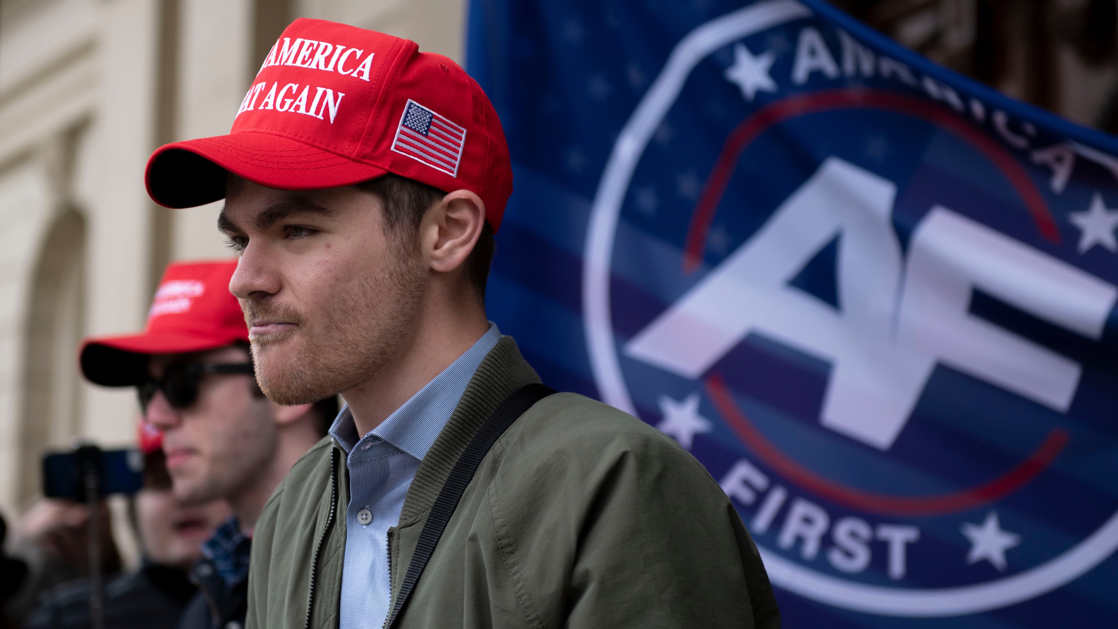 FILE - Nick Fuentes, far right activist, holds a rally at the Lansing Capitol, in Lansing, Mich., Wednesday, Nov. 11, 2020. (Nicole Hester/Mlive.com/Ann Arbor News via AP, File)