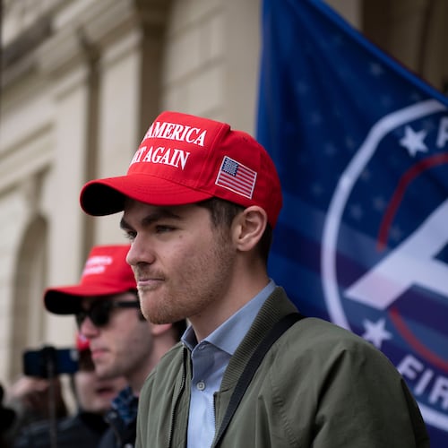 FILE - Nick Fuentes, far right activist, holds a rally at the Lansing Capitol, in Lansing, Mich., Wednesday, Nov. 11, 2020. (Nicole Hester/Mlive.com/Ann Arbor News via AP, File)