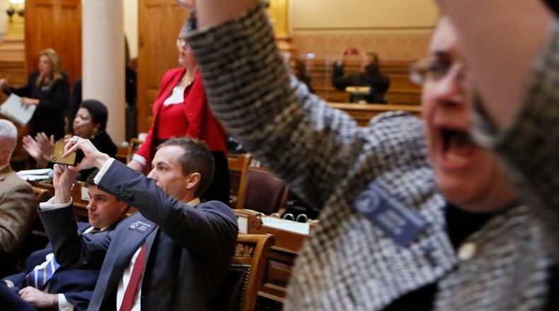 Sen. Greg Dolezal (left), R-Cumming, watches as his bill, SB 173, a proposal to use taxpayer funding to send public school students to private schools, failed in a close vote. The legislature was in session for the 27th day of the 2019 General Assembly on March 5, 2019.