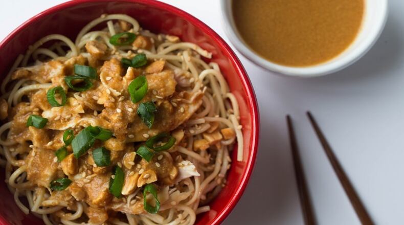 Cold noodles with chicken and peanuts garnished with scallions on Wednesday, Feb. 28, 2018 in St. Louis, Mo. (Austin Steele/St. Louis Post-Dispatch/TNS)