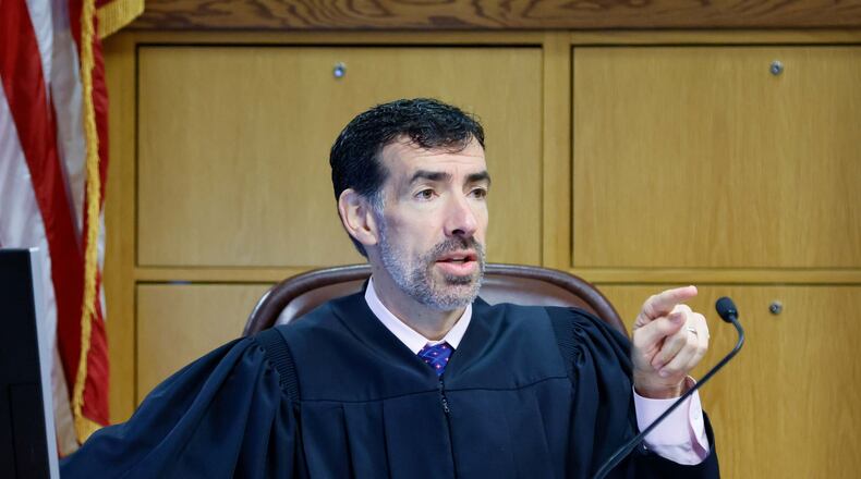 Fulton County Superior Court Judge Robert McBurney presides over the lawsuit’s trial against the State Election Board’s recently approved election certification rule on Tuesday, October 15, 2024. Judge Robert McBurney considers a lawsuit by Cobb County seeking to strike down new election rules passed by the State Election Board.
(Miguel Martinez / AJC)