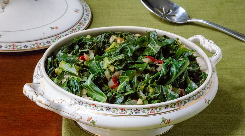 Vegan Smoky Collard Greens with Chipotle - Smoky, spicy chipotle peppers with collard greens.
(Virginia Willis for The Atlanta Journal-Constitution)