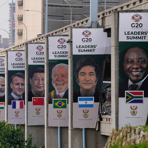 Banners of various G20 leaders are displayed along a Johannesburg freeway, in Johannesburg, South Africa, Thursday, Nov. 20, 2025. (AP Photo/Themba Hadebe)