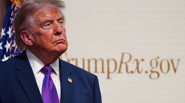President Donald Trump listens during an event about prescription drug prices in the South Court Auditorium in the Eisenhower Executive Office Building on the White House campus, Monday, May 18, 2026, in Washington. (AP Photo/Julia Demaree Nikhinson)