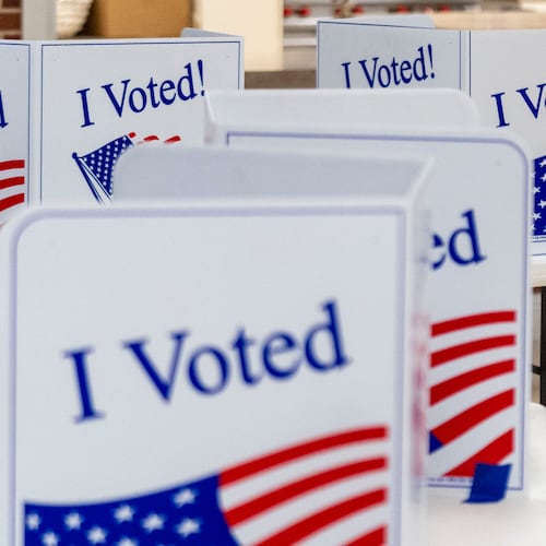 FILE - Privacy booths are seen on the morning of the South Carolina Republican primary election at a church in Cayce, S.C., Feb. 24, 2024. (AP Photo/Andrew Harnik, File)