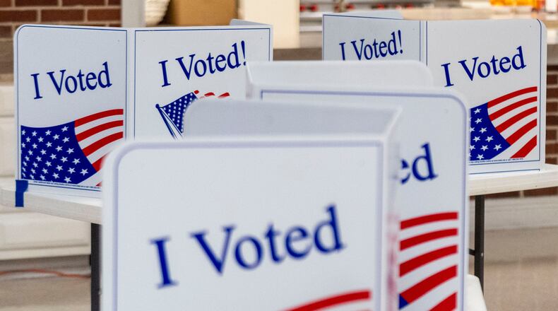 FILE - Privacy booths are seen on the morning of the South Carolina Republican primary election at a church in Cayce, S.C., Feb. 24, 2024. (AP Photo/Andrew Harnik, File)
