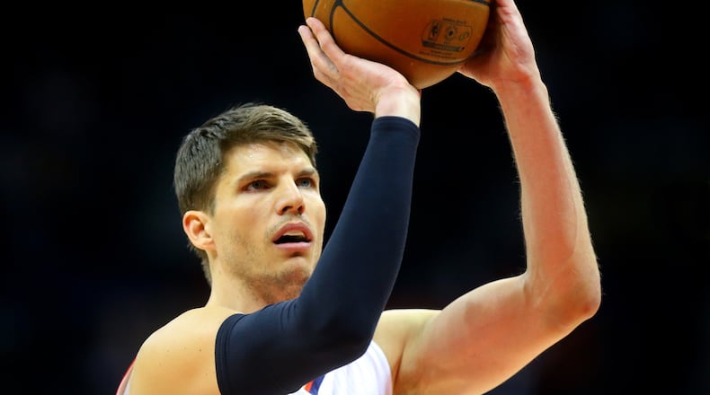 Kyle Korver hits a free throw against the Wizards during a basketball game on Sunday, Jan. 11, 2015, in Atlanta. Curtis Compton / ccompton@ajc.com
