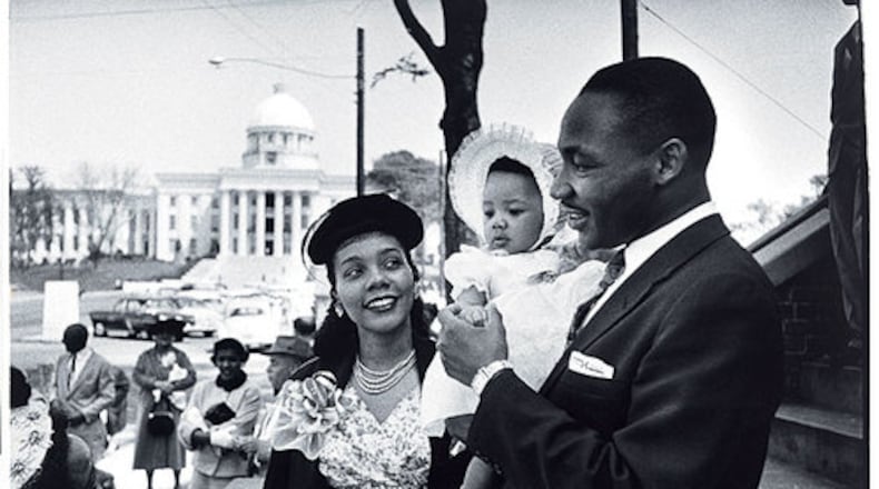 A 1956 image of Martin Luther King Jr. with Coretta Scott King and their first child, Yolanda, photographed in Montgomery by Dan Weiner. Photo from The National Portrait Gallery