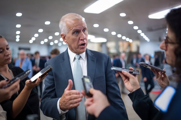 Sen. Thom Tillis, R-N.C., speaks with reporters at the Capitol in Washington. (J. Scott Applewhite/AP File 2024)