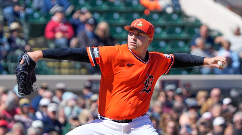 Detroit Tigers starting pitcher Tarik Skubal throws against the Minnesota Twins in the first inning of a spring training baseball game, Monday, Feb. 23, 2026, in Lakeland, Fla. (AP Photo/John Raoux)