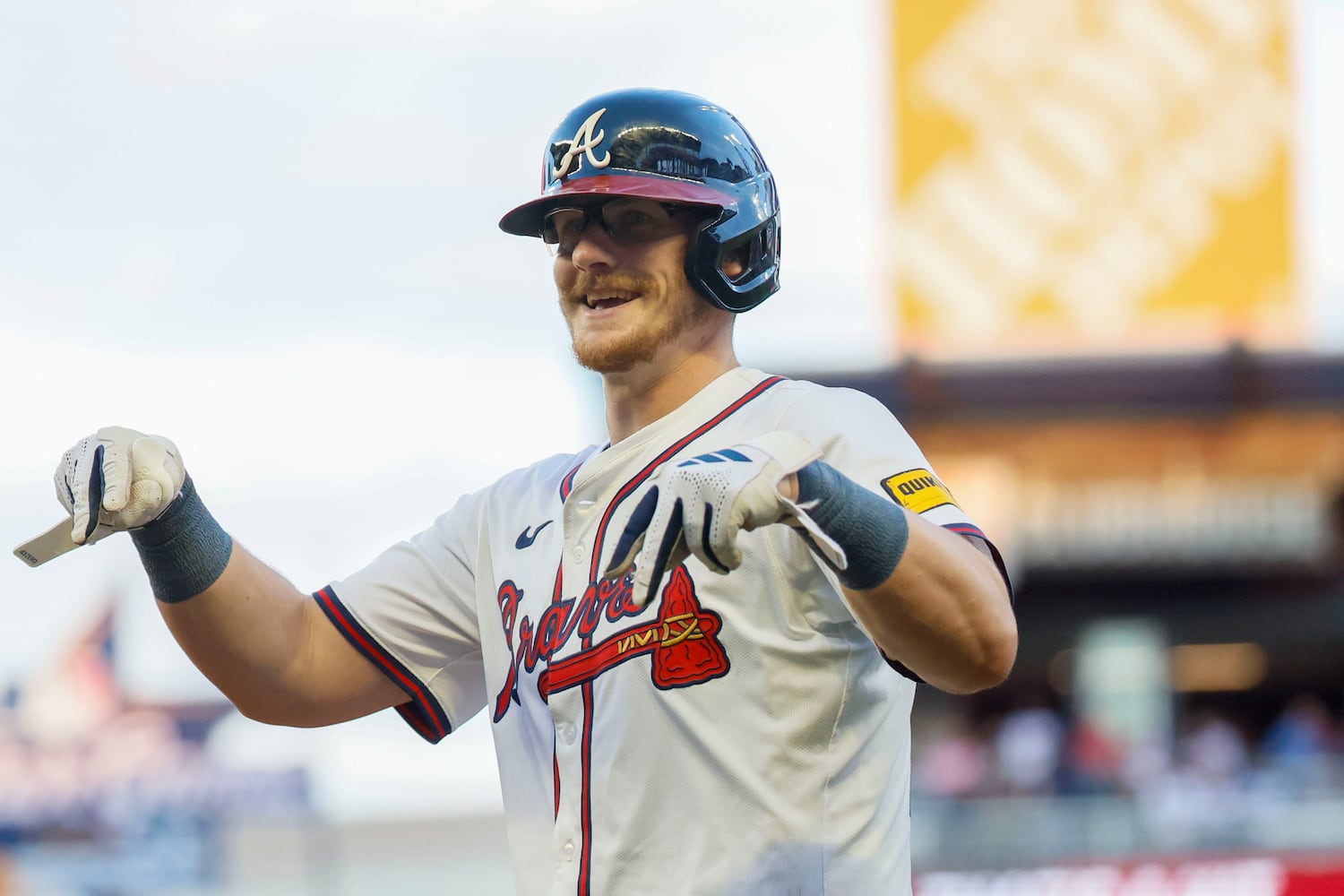 Atlanta Braves catcher Sean Murphy (12) reacts after a single during the third inning against the Washington Nationals on Monday, May 12, 2025, in Atlanta.  
(Miguel Martinez/ AJC)