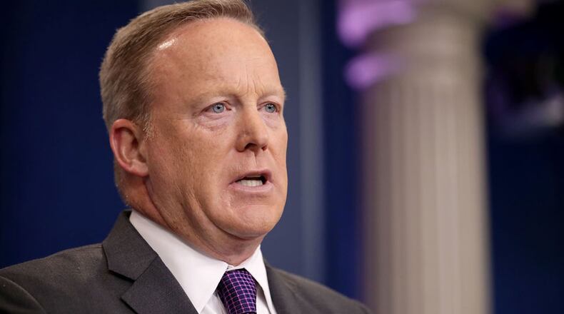 White House Press Secretary Sean Spicer speaks to reporters during an off-camera briefing in the Brady Press Briefing Room at the White House July 17, 2017 in Washington, DC. The White House has not held an on-camera briefing since June 29.