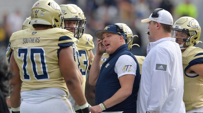 Georgia Tech head coach Geoff Collins instructs during the second half of an NCAA college football game at Bobby Dodd Stadium on Saturday, November 30, 2019. Georgia won 52-7 over the Georgia Tech. (Hyosub Shin / Hyosub.Shin@ajc.com)