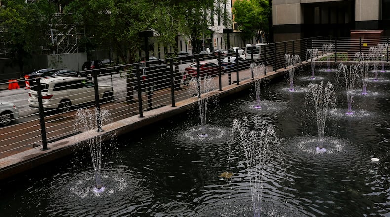 LED water displays have been installed at the Fulton County government building in Atlanta, Georgia, on Wednesday, May 5, 2021. (Rebecca Wright for the Atlanta Journal-Constitution)