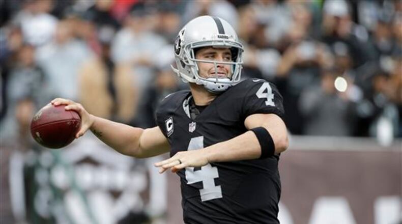 FILE - In this Sunday, Dec. 6, 2015 file photo, Oakland Raiders quarterback Derek Carr (4) passes against the Kansas City Chiefs during the second half of an NFL football game in Oakland, Calif. James Jones saw greatness in Derek Carr's future even as he struggled at times in his rookie season with the Oakland Raiders a year ago. (AP Photo/Marcio Jose Sanchez, File)
