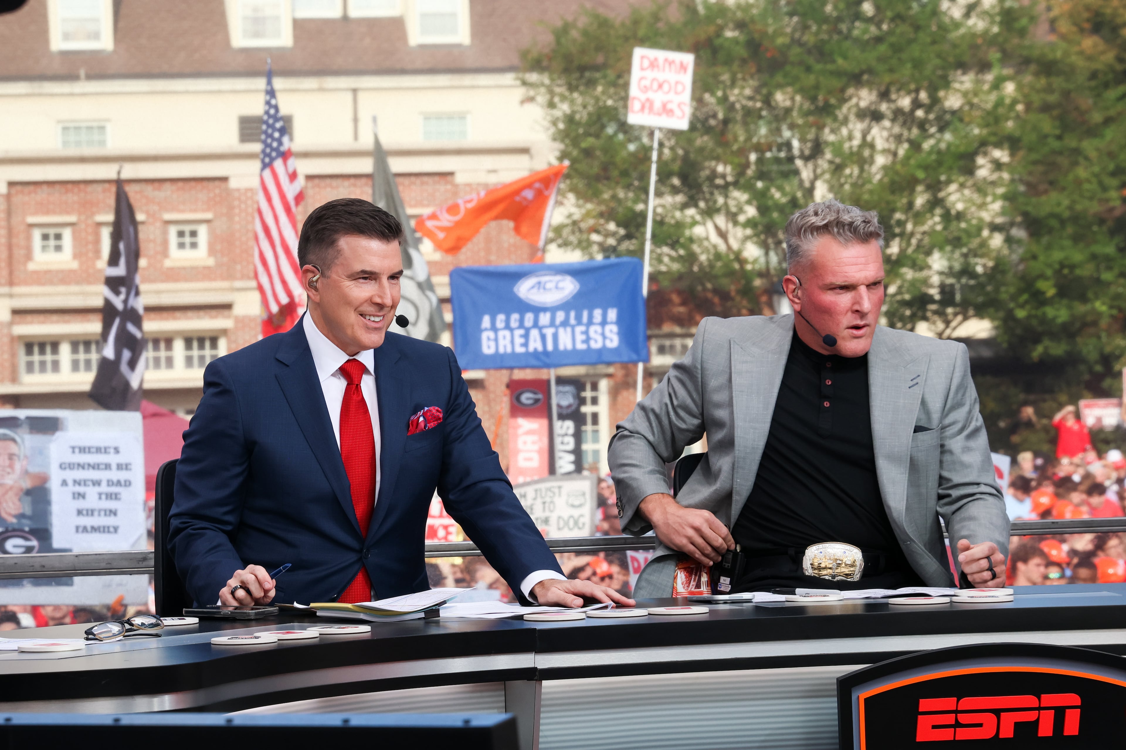 Host Rece Davis (left) and Pat McAfee talk football during the ESPN College GameDay broadcast from Myers Quad at UGA on Saturday, Oct. 18, 2025. (C.J. Bartunek for the AJC)