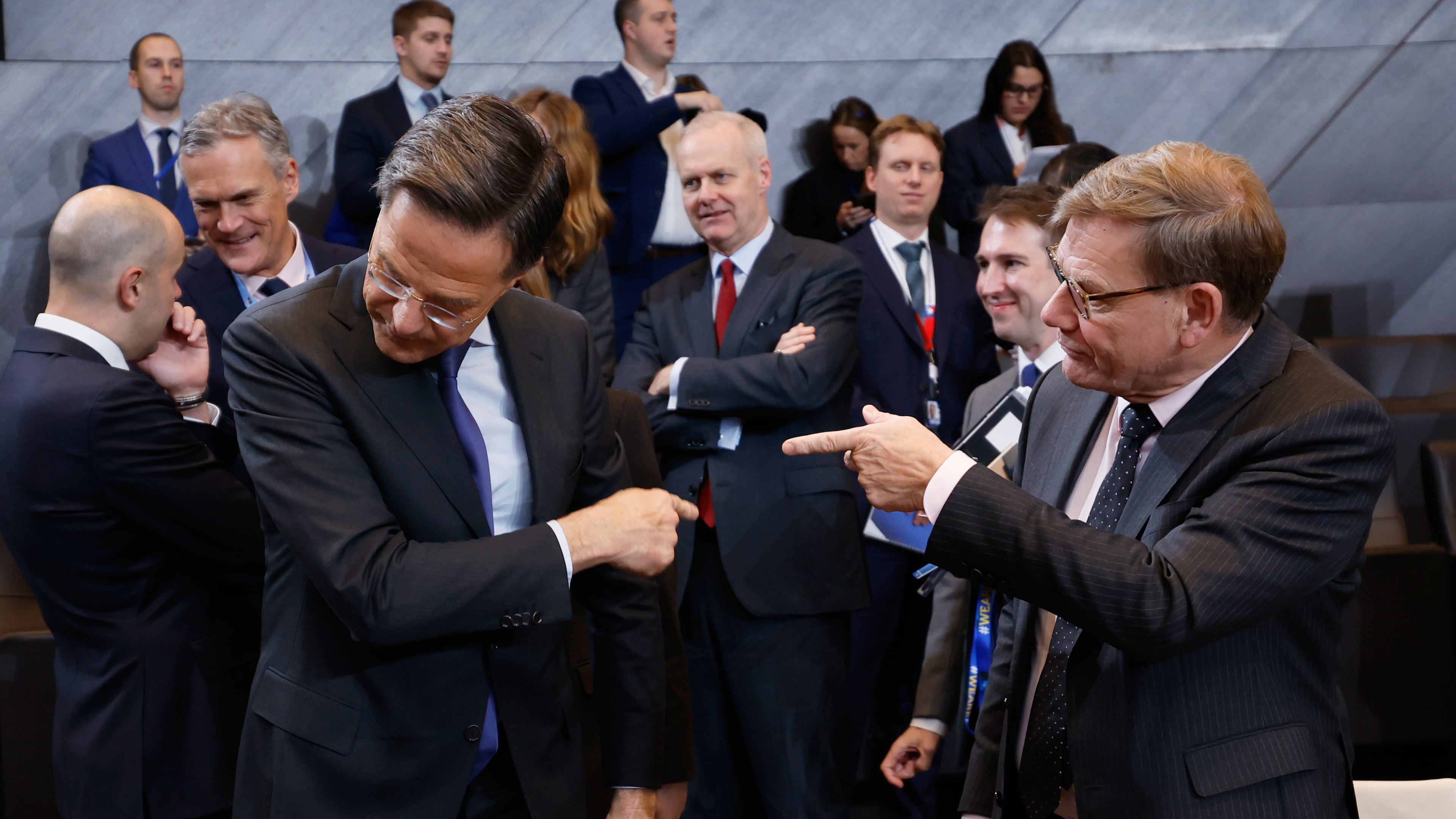 Germany's Foreign Minister Johann Wadephul, right, speaks with NATO Secretary General Mark Rutte during a meeting of the North Atlantic Council in Foreign Ministers Session at NATO headquarters in Brussels, Wednesday, Dec. 3, 2025. (AP Photo/Geert Vanden Wijngaert)