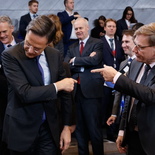 Germany's Foreign Minister Johann Wadephul, right, speaks with NATO Secretary General Mark Rutte during a meeting of the North Atlantic Council in Foreign Ministers Session at NATO headquarters in Brussels, Wednesday, Dec. 3, 2025. (AP Photo/Geert Vanden Wijngaert)