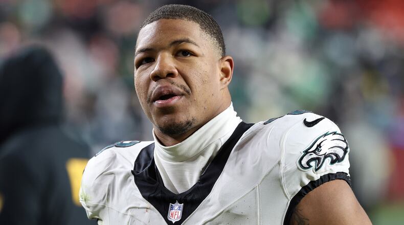 FILE - Philadelphia Eagles linebacker Nolan Smith Jr. (3) looks on after an NFL football game against the Washington Commanders, Saturday, Dec. 20, 2025, in Landover, Md. (AP Photo/Daniel Kucin Jr., File)
