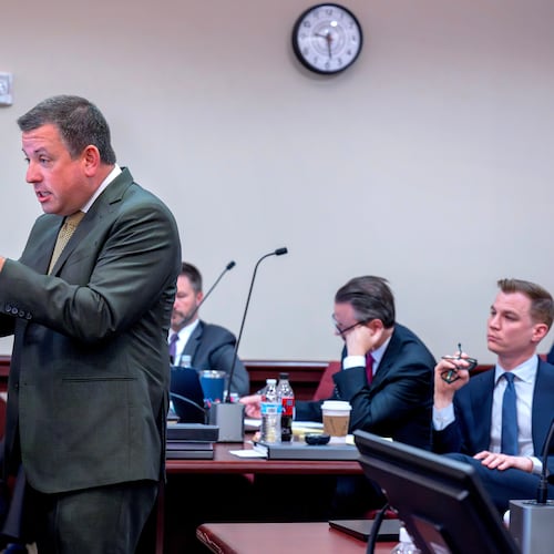 Attorney David Ackerman, left, gave an opening statement for the State, and attorney Alex Parkinson, right, during the opening statement for Meta Platforms Inc., at the start of phase 2 of the trial against the social media company, in Santa Fe, N.M., Monday, May 4, 2026.(Eddie Moore/The Albuquerque Journal via AP, Pool)