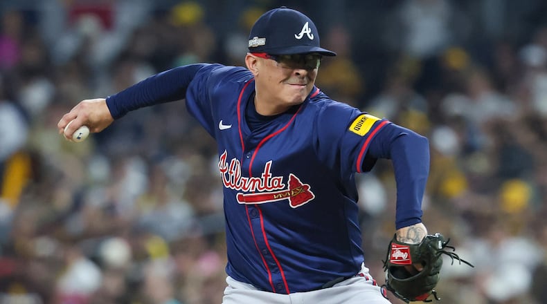 Atlanta Braves pitcher Jesse Chavez (60) delivers to the San Diego Padres during the sixth inning of National League Division Series Wild Card Game One at Petco Park in San Diego on Tuesday, Oct. 1, 2024.   (Jason Getz / Jason.Getz@ajc.com)