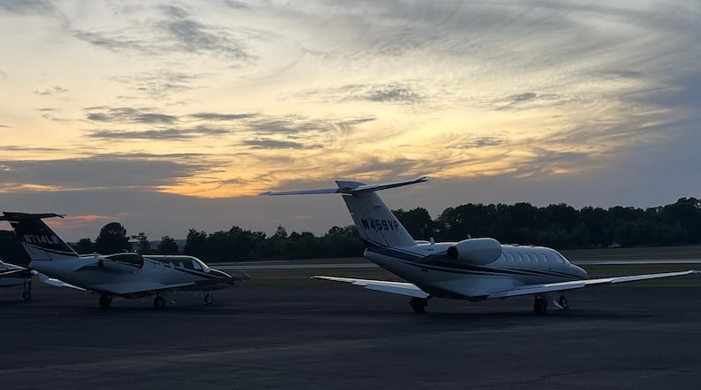 These airplanes parked on the tarmac at Daniel Field on Sunday night before the Masters represent the calm before the storm. By the time the tournament ends on Sunday, April 14, hundreds of planes and gets will have took off and landed at two Augusta airports and three others nearby. (Photo by Chip Towers/ctowers@ajc.com)