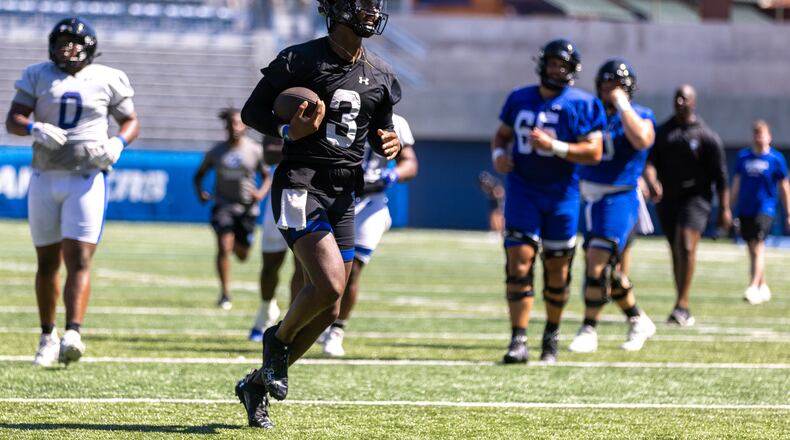 Georgia State Panthers quarterback Darren Grainger (3) runs the ball during practice at Center Parc Credit Union Stadium in Atlanta on Tuesday, August 1, 2023. (Arvin Temkar / arvin.temkar@ajc.com)