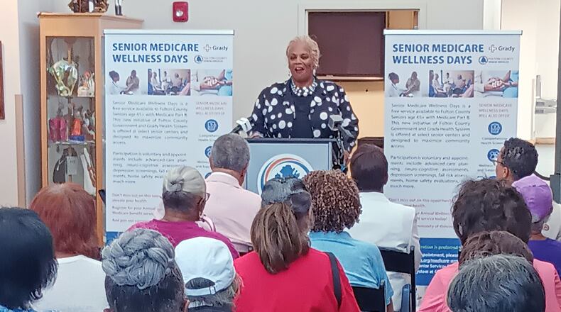 Khadijah Abdur-Rahman, District 6 commissioner for Fulton County, speaks Aug. 29, 2024, to clients of the H.J.C. Bowden Senior Multipurpose Facility in East Point.