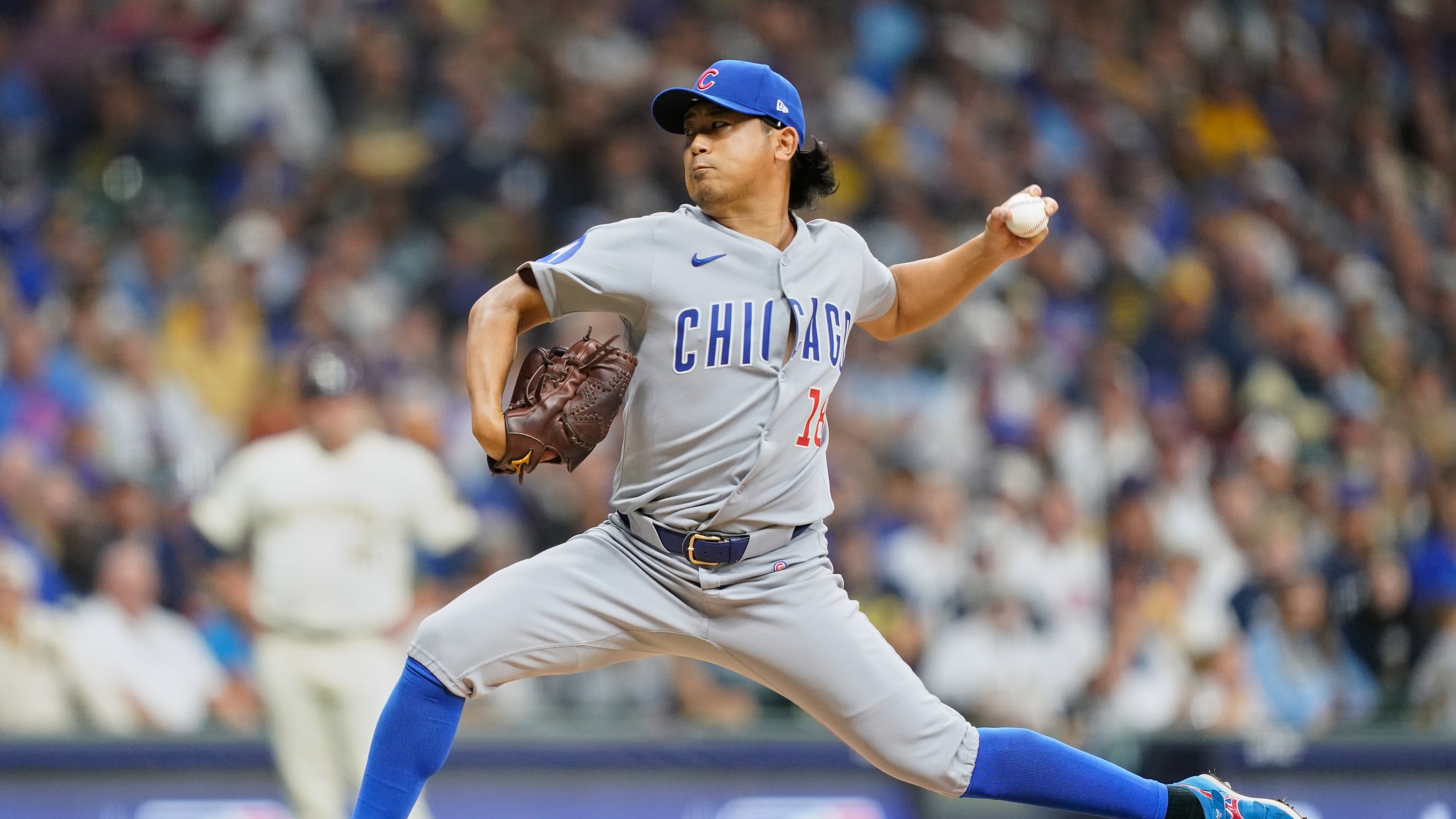 Chicago Cubs starting pitcher Shota Imanaga (18) delivers during the first inning of Game 2 of baseball's National League Division Series against the Milwaukee Brewers Monday, Oct. 6, 2025, in Milwaukee. (AP Photo/Kayla Wolf)