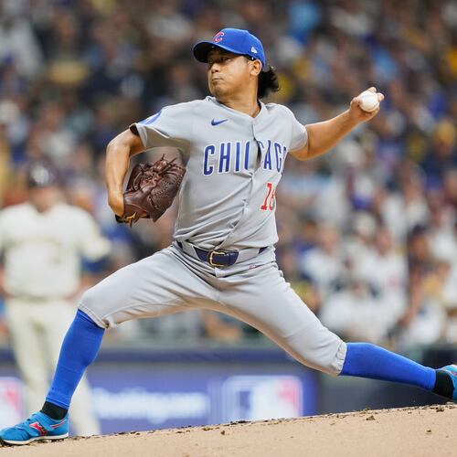 Chicago Cubs starting pitcher Shota Imanaga (18) delivers during the first inning of Game 2 of baseball's National League Division Series against the Milwaukee Brewers Monday, Oct. 6, 2025, in Milwaukee. (AP Photo/Kayla Wolf)