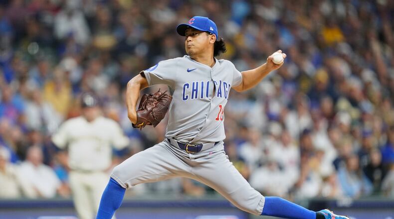 Chicago Cubs starting pitcher Shota Imanaga (18) delivers during the first inning of Game 2 of baseball's National League Division Series against the Milwaukee Brewers Monday, Oct. 6, 2025, in Milwaukee. (AP Photo/Kayla Wolf)