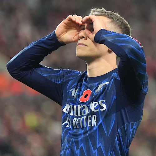 Arsenal's Leandro Trossard celebrates scoring their side's second goal of the game during the English Premier League soccer match between Arsenal and Sunderland, in Sunderland, England, Saturday Nov. 8, 2025. (Owen Humphreys/PA via AP)
