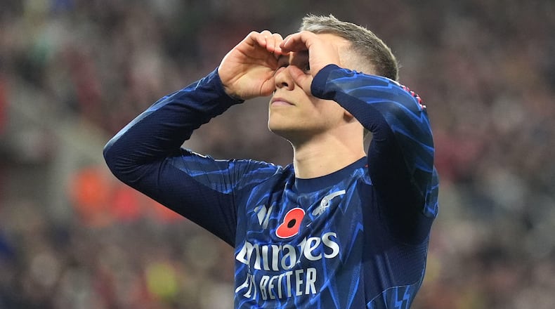 Arsenal's Leandro Trossard celebrates scoring their side's second goal of the game during the English Premier League soccer match between Arsenal and Sunderland, in Sunderland, England, Saturday Nov. 8, 2025. (Owen Humphreys/PA via AP)