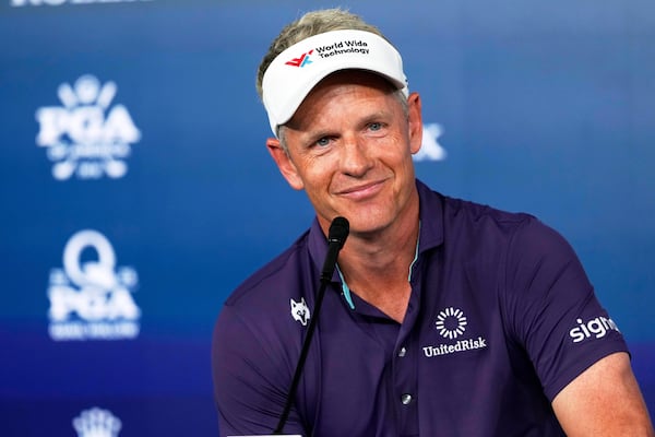 Luke Donald, of England, speaks during a news conference at the PGA Championship golf tournament at the Quail Hollow Club, Wednesday, May 14, 2025, in Charlotte, N.C. (AP Photo/Matt York)