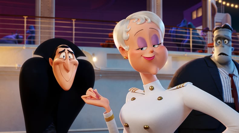 Dracula is voiced by Adam Sandler and Ericka by Kathryn Hahn in “Hotel Transylvania 3: Summer Vacation.” Contributed by Sony Pictures Animation