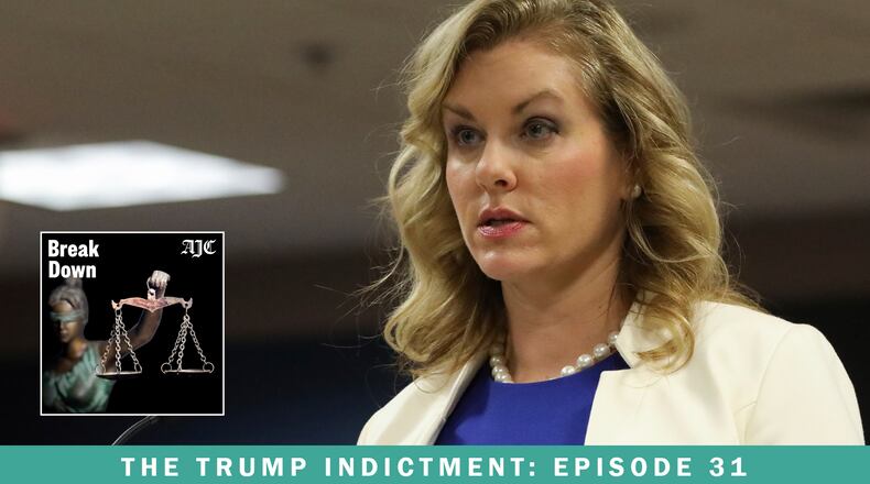 The latest episode of the AJC's "Breakdown" podcast recaps two days of hearings to determine whether Fulton DA Fani Willis' office should be removed from the Georgia election interference case. The motion was originally brought by Ashleigh Merchant, seen here, attorney for Michael Roman, one of the remaining defendants in the case. (Alyssa Pointer/AP)