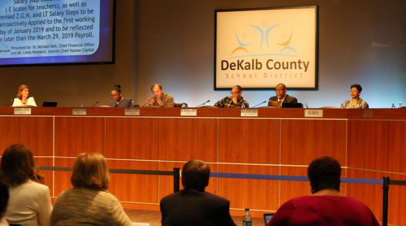 Board of Education members during a meeting at the DeKalb County Board of Education building in Stone Mountain. EMILY HANEY / EMILY.HANEY@AJC.COM