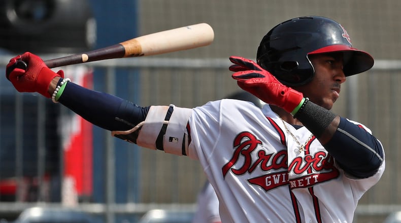 Gwinnett Braves second baseman Ozzie Albies (1) batting against the Toledo Mud Hens during their game at Coolray Field Thursday, May 11, 2017, in Lawrenceville.