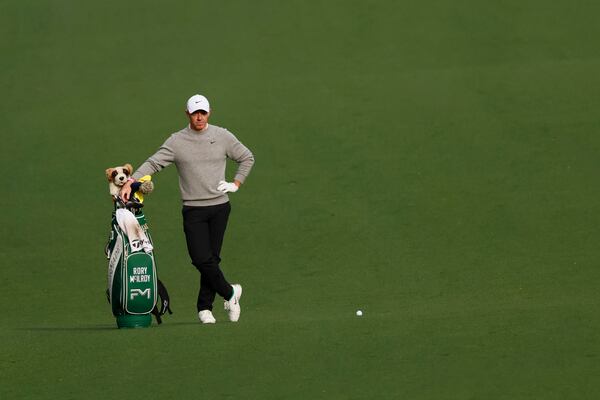 Rory McIlroy waits to hit his fairway shot on the seventh hole during a practice round at the Masters golf tournament, Tuesday, April 7, 2026, in Augusta. (Jason Getz/AJC) 